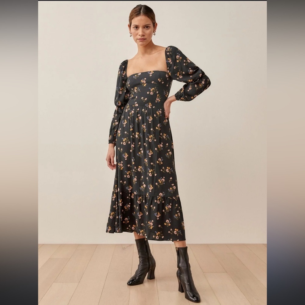 REFORMATION Mica Floral Midi Smocked Puff Sleeves Dress in Evita size 6/8 - Picture 2 of 11